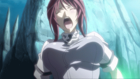 1girl big_breasts breast_expansion breasts button_pop cleavage female_only gif huge_breasts massive_breasts nipples no_sound red_eyes red_hair screen_capture seikon_no_qwaser solo_female topless topless_female torn_clothes
