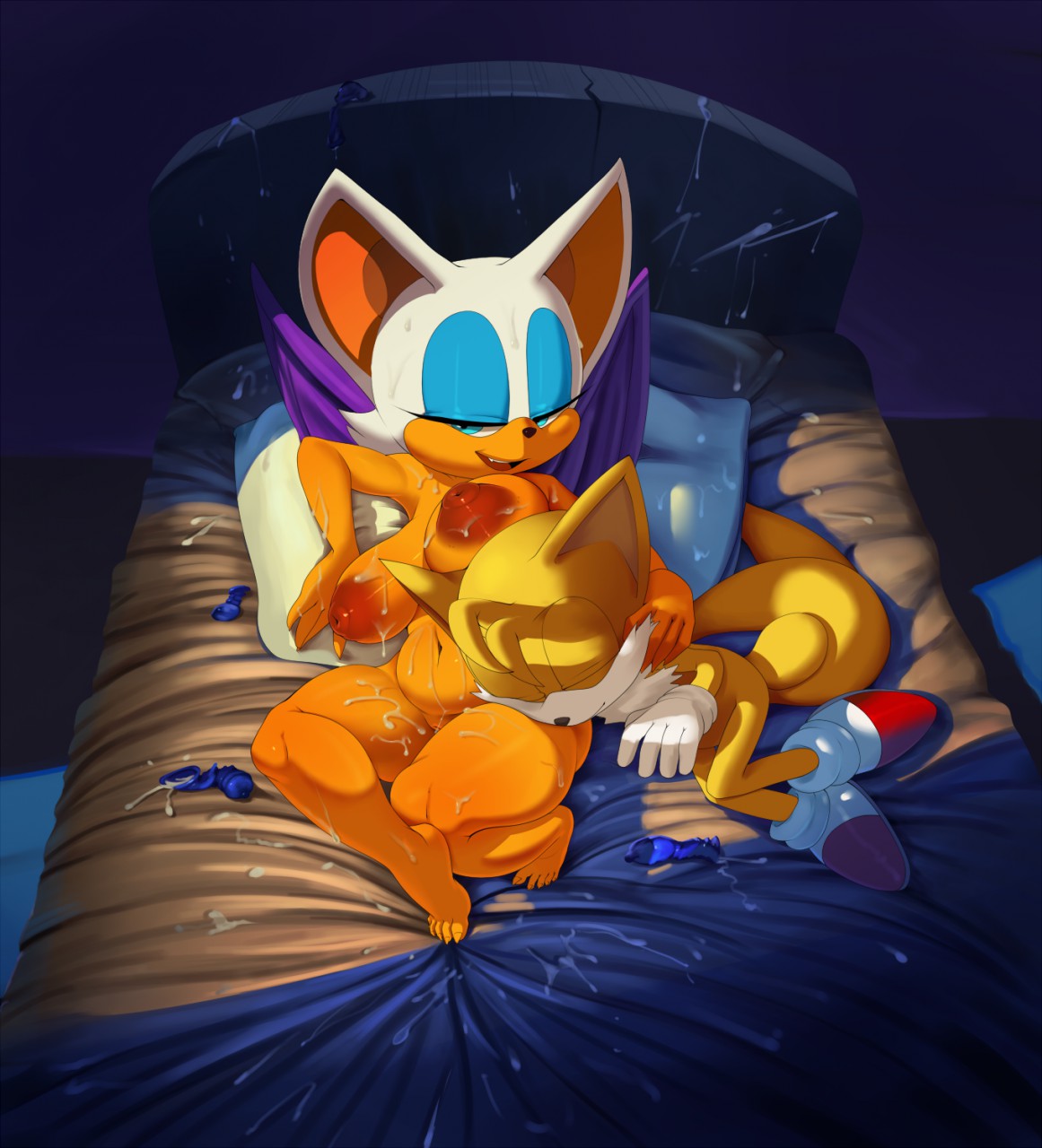after_sex age_difference areolae bat bed belly big_breasts blue_eyes breasts bukkake canine chubby closed_eyes condom cum female filled_condom fox full_body furry looking_at_viewer male mammal messy miles_"tails"_prower nipples puffy_nipples rouge_the_bat sega sleeping sonic_(series) sonic_the_hedgehog_(series) theboogie wings