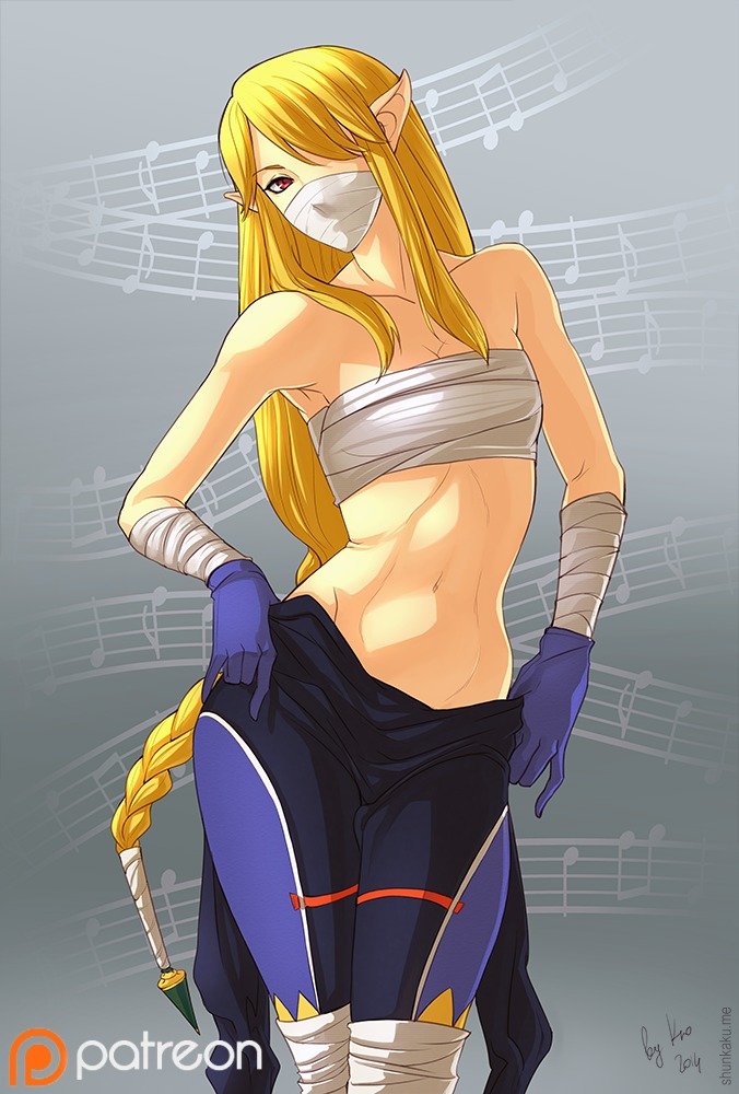 belly blonde clothed female hair hot looking_at_viewer midriff musical_note navel patreon pointy_ears princess_zelda red_eyes sheik shunkaku the_legend_of_zelda undressing