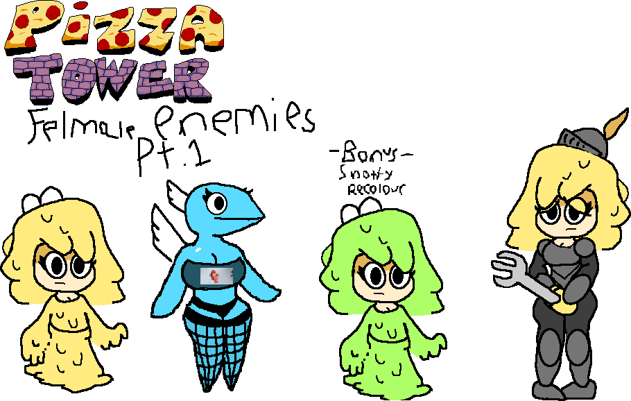 4girls black_eyes blue_skin cheeseslime fish_girl fishnet_legwear forknight green_body knight meme_attire pixel34guy pizza_tower snotty thick_legs winged_anchovy wings worried_expression yellow_body