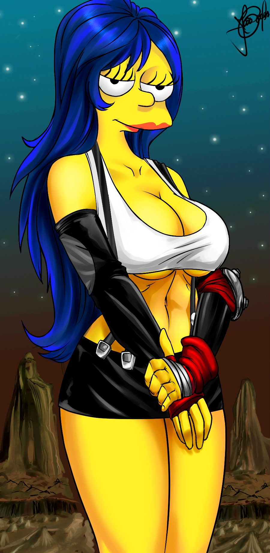 bra breasts cosplay crossover marge_simpson skirt the_simpsons tifa_lockhart tifa_lockhart_(cosplay) yellow_skin