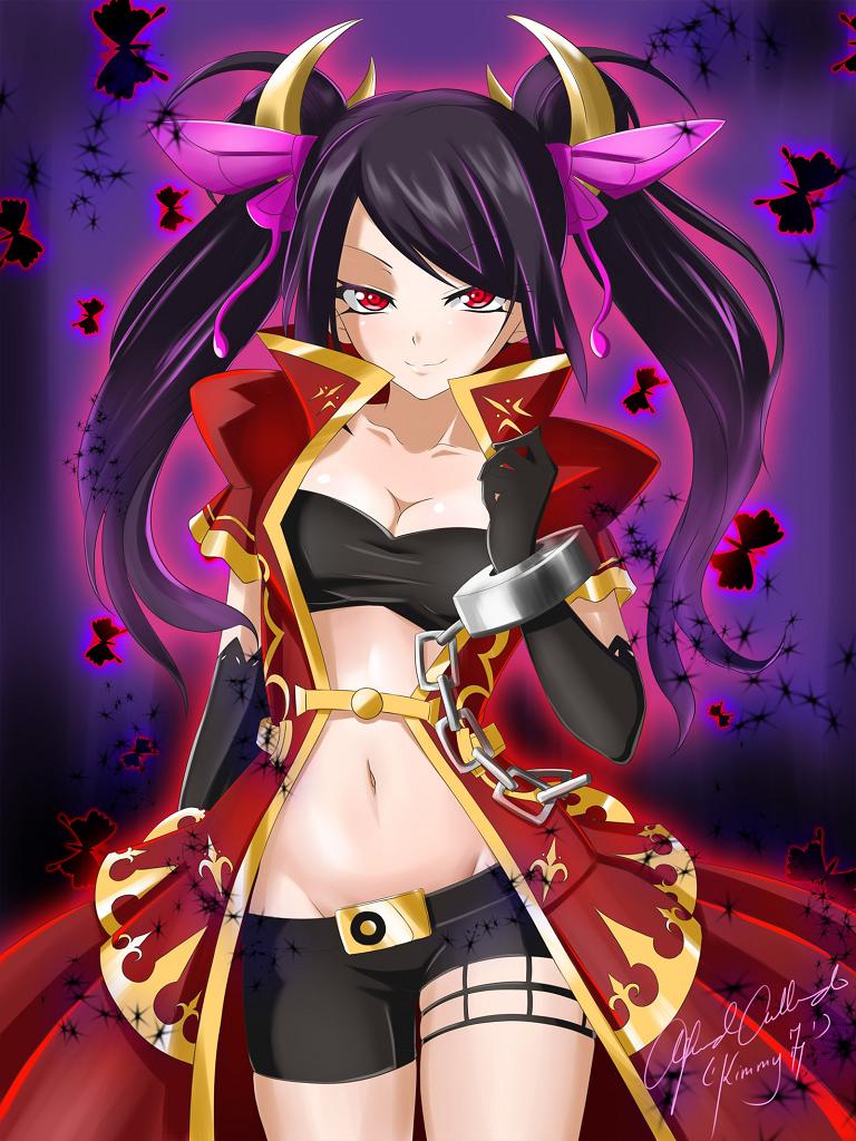 1_girl art black_hair blush brave_frontier breasts cleavage coat coat_dress dress elza_(brave_fromtier) female kimmy77 long_hair looking_at_viewer naughty_face red_eyes shorts smile solo strapless tagme tubetop