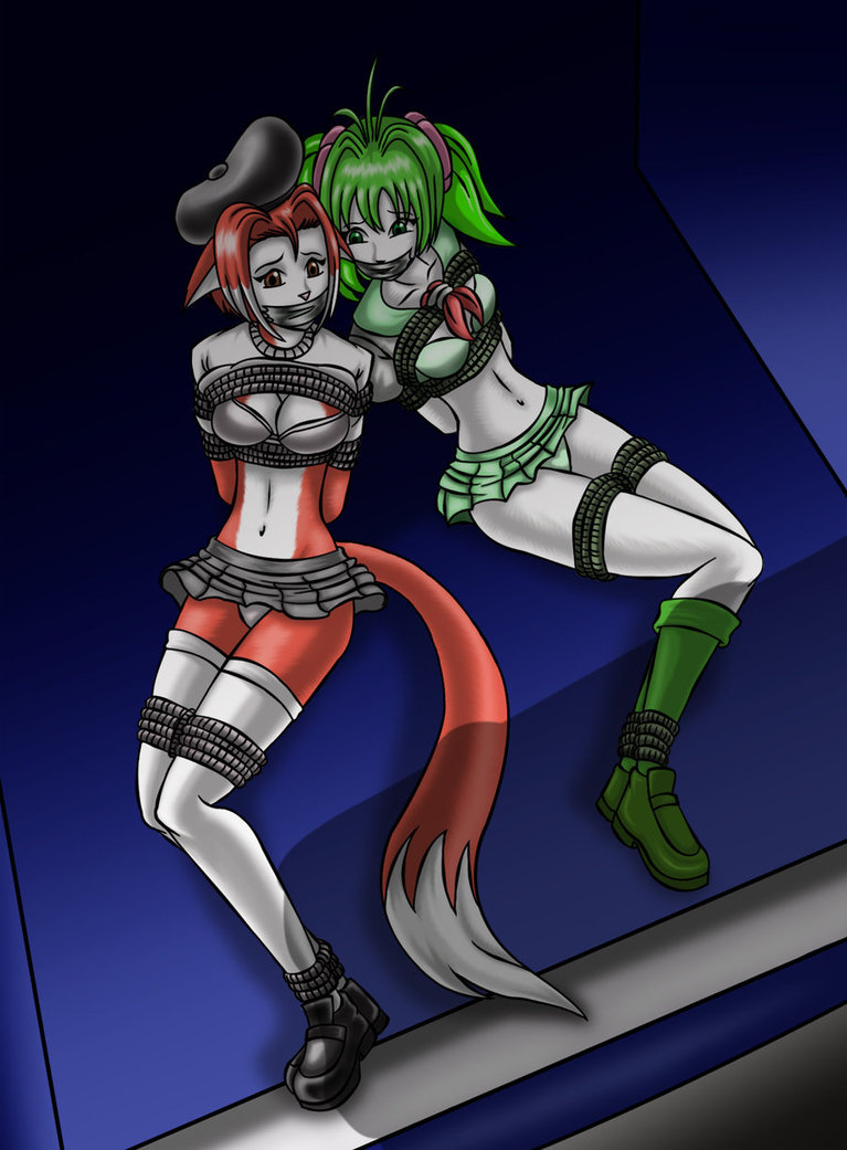 2girls anthro arms_behind_back bondage bound_ankles furry green_hair hair miniskirt multiple_girls pokemon red_hair rope