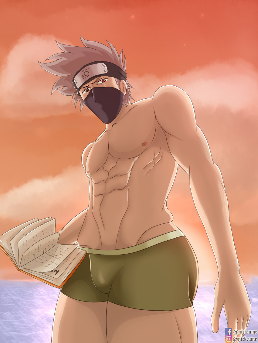 1boy boxers erect_penis erection_under_clothes holding_object kakashi_hatake looking_at_viewer male male_nipples male_only muscular_male solo_male unknown_artist