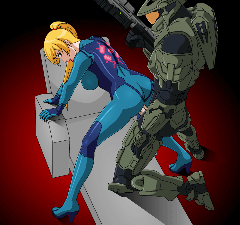1boy 1girl animated animated_gif arm_support armor ass bent_over bodysuit clothed_sex crossover gif halo_(game) high_heels latex latex_suit master_chief metroid nintendo penis pinoytoons ponytail samus_aran sex uncensored vaginal weapon zero_suit