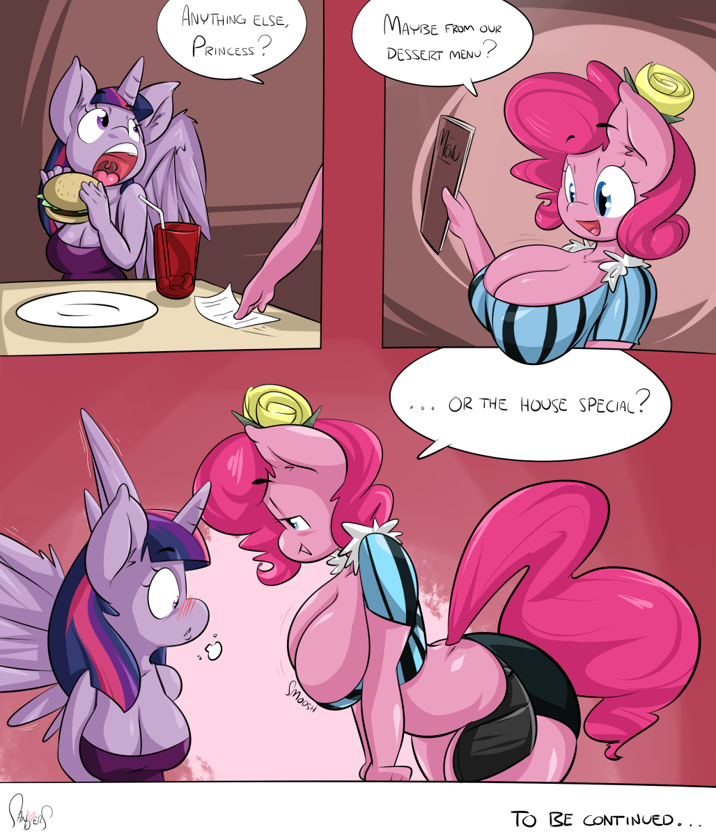 2015 anthro big_breasts blue_eyes blush breasts burger cleavage clothed clothing comic dialogue drinking_straw duo earth_pony english_text equine eyebrows female food friendship_is_magic furry hair half-closed_eyes holding horn horse long_hair mammal my_little_pony open_mouth pinkie_pie pony purple_eyes sanders text twilight_sparkle uvula winged_unicorn wings