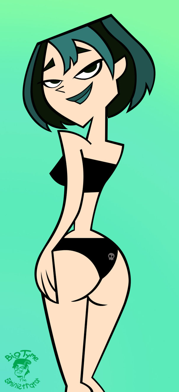 1girl bigtyme bikini black_eyes black_hair breasts cartoon_network dyed_hair goth green_hair gwen_(tdi) hourglass_figure looking_back pale-skinned_female skull_print swimsuit thick_ass thick_legs thick_thighs total_drama_island two_tone_hair wasp_waist