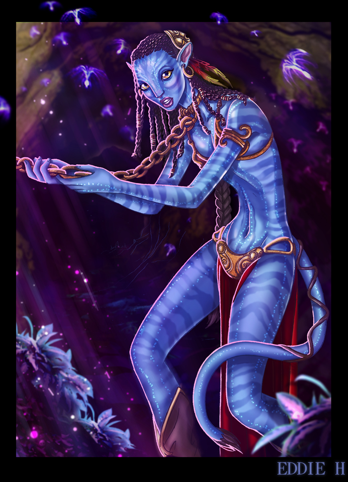 1_female 1girl alien avatar blue_skin chain female female_alien forest hair james_cameron's_avatar looking_at_viewer na'vi neytiri solo standing tail