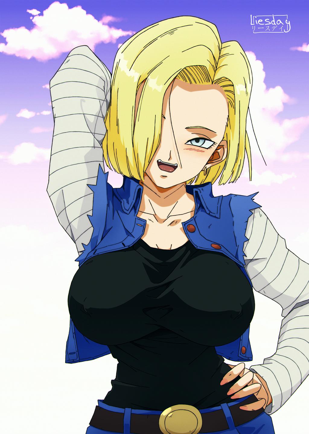 1girl android_18 blonde_hair blue_eyes cleavage curvy dragon_ball erect_nipples gigantic_breasts huge_areolae liesday nipple_bulge puffy_nipples short_hair shounen_jump thick_lips voluptuous