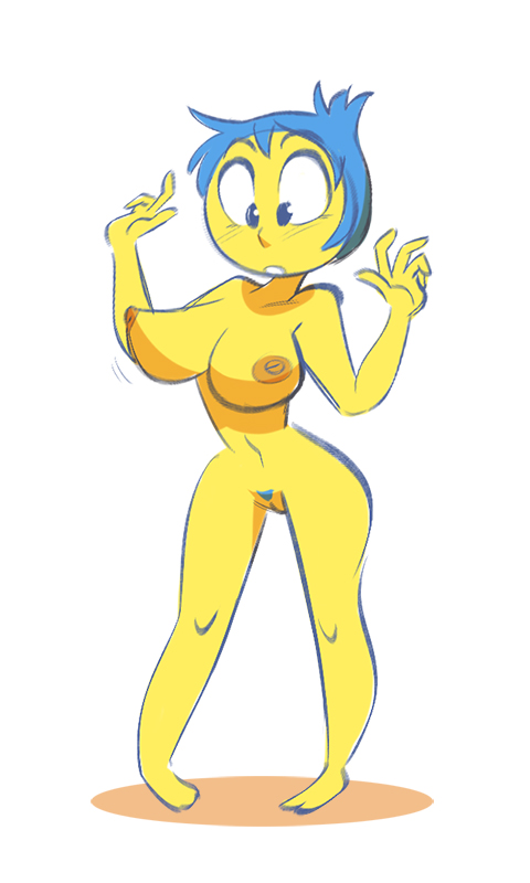 1girl 2016 big_breasts blue_eyes blue_hair breasts breasts brokenlynx disney emotion female_only inside_out joy_(inside_out) looking_down nipples nude open_mouth pixar pubic_hair pussy teeth white_background yellow_nipples yellow_skin
