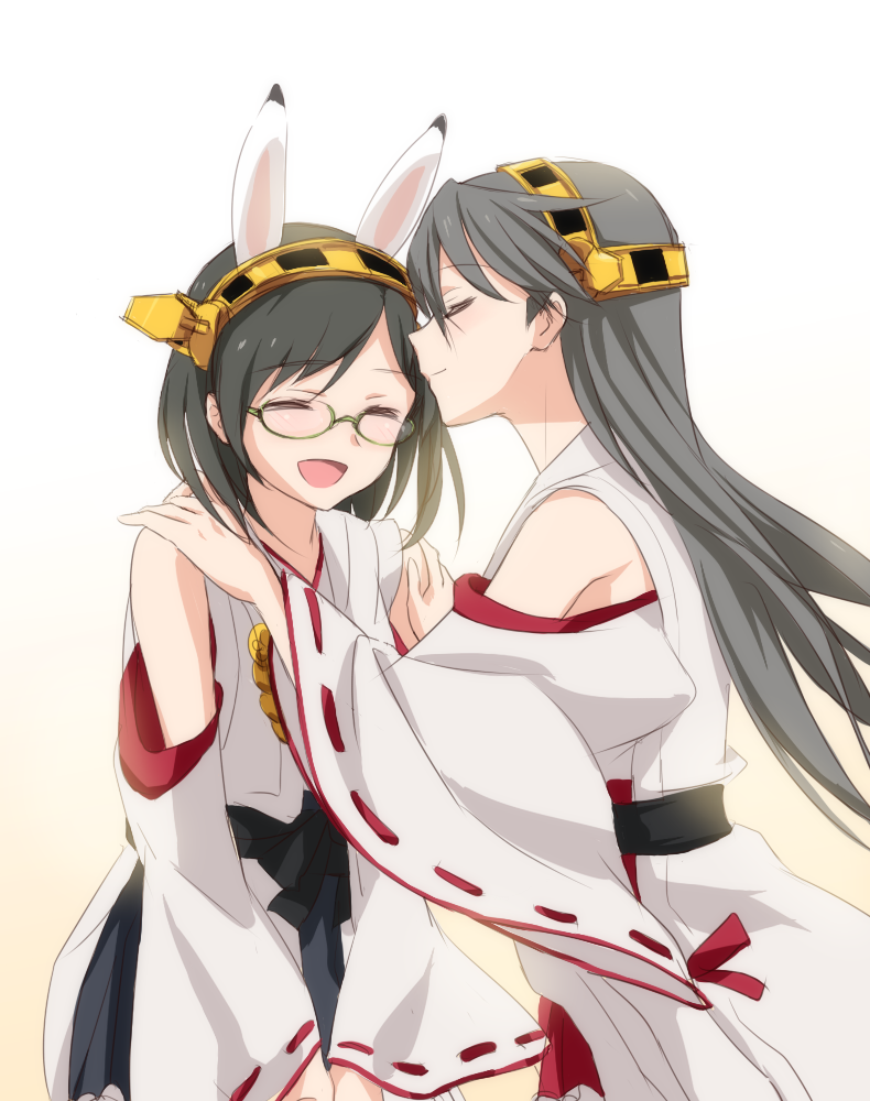 2girls animal_ears art bare_shoulders black_hair bunny_ears closed_eyes detached_sleeves female glasses hair hairband hands_on_shoulders haruna_(kantai_collection) incipient_kiss japanese_clothes kantai_collection kirishima_(kantai_collection) kisetsu kiss long_hair multiple_girls nontraditional_miko open_mouth short_hair siblings sisters smile wide_sleeves yuri
