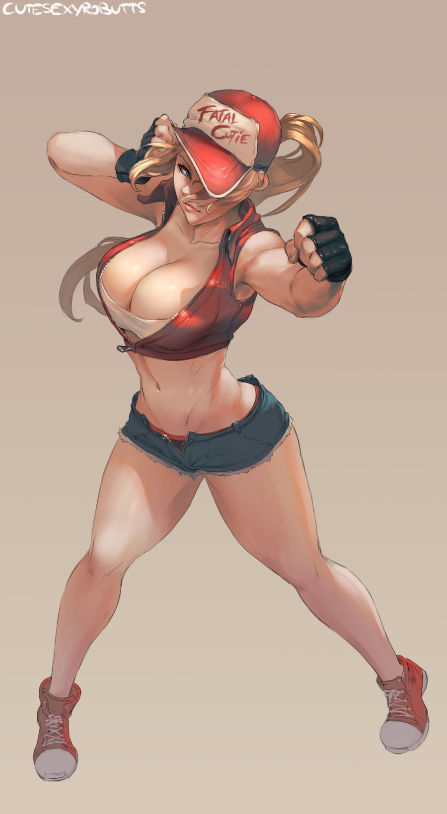 1girl big_breasts bimbo breasts cleavage cutesexyrobutts female_only genderswap hourglass_figure king_of_fighters looking_at_viewer snk snk_heroines:_tag_team_frenzy terry_(snk_heroines:_tag_team_frenzy) terry_bogard voluptuous