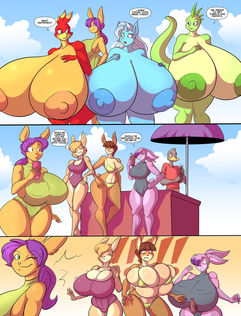 2015 anthro areola avian beach big_breasts bikini bird breast_expansion breasts canine cleavage clothed clothing comic dialogue duck english_text equine erect_nipples female horn huge_breasts jaeh lagomorph lizard male mammal nipples rabbit reptile scalie seaside swimsuit text unicorn