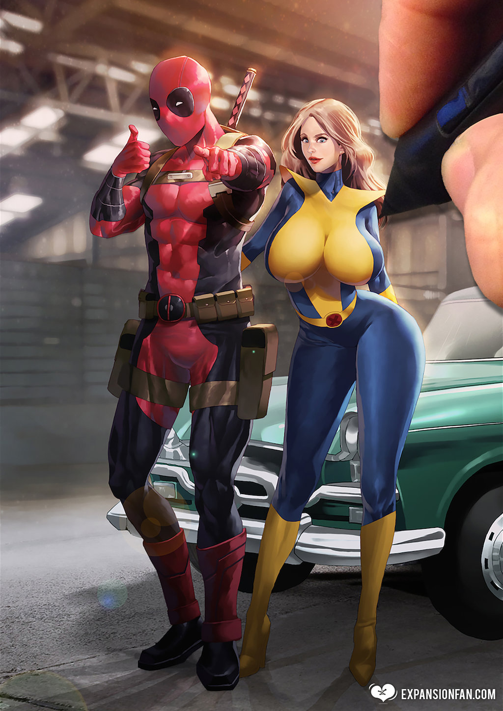1boy 1girl ass big_breasts blue_eyes body_suit breasts brown_hair deadpool expansionfan female hair kitty_pryde lipstick long_hair makeup male marvel marvel_comics mask pen shadowcat skin_tight smile thumbs_up x-men