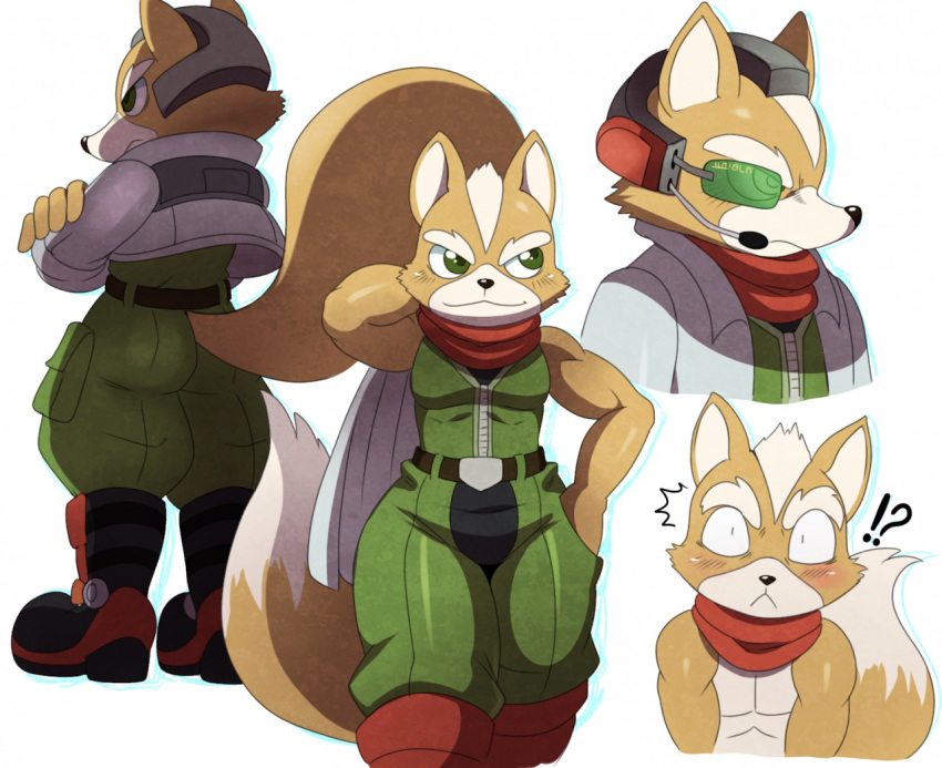 1boy anthro arm_behind_head back belt biceps black_nose blush boots brown_fur canine clothed clothing crossed_arms flexing footwear fox fox_mccloud fur green_eyes hair half-dressed headwear jacket jumpsuit looking_at_viewer male male_only mammal microphone model_sheet muscle nintendo no_humans pants pecs plain_background pose scarf shirt simple_background smile solo sssonic2 standing star_fox suit tan_fur toned topless topless_male video_games white_background white_fur white_hair wide_hips