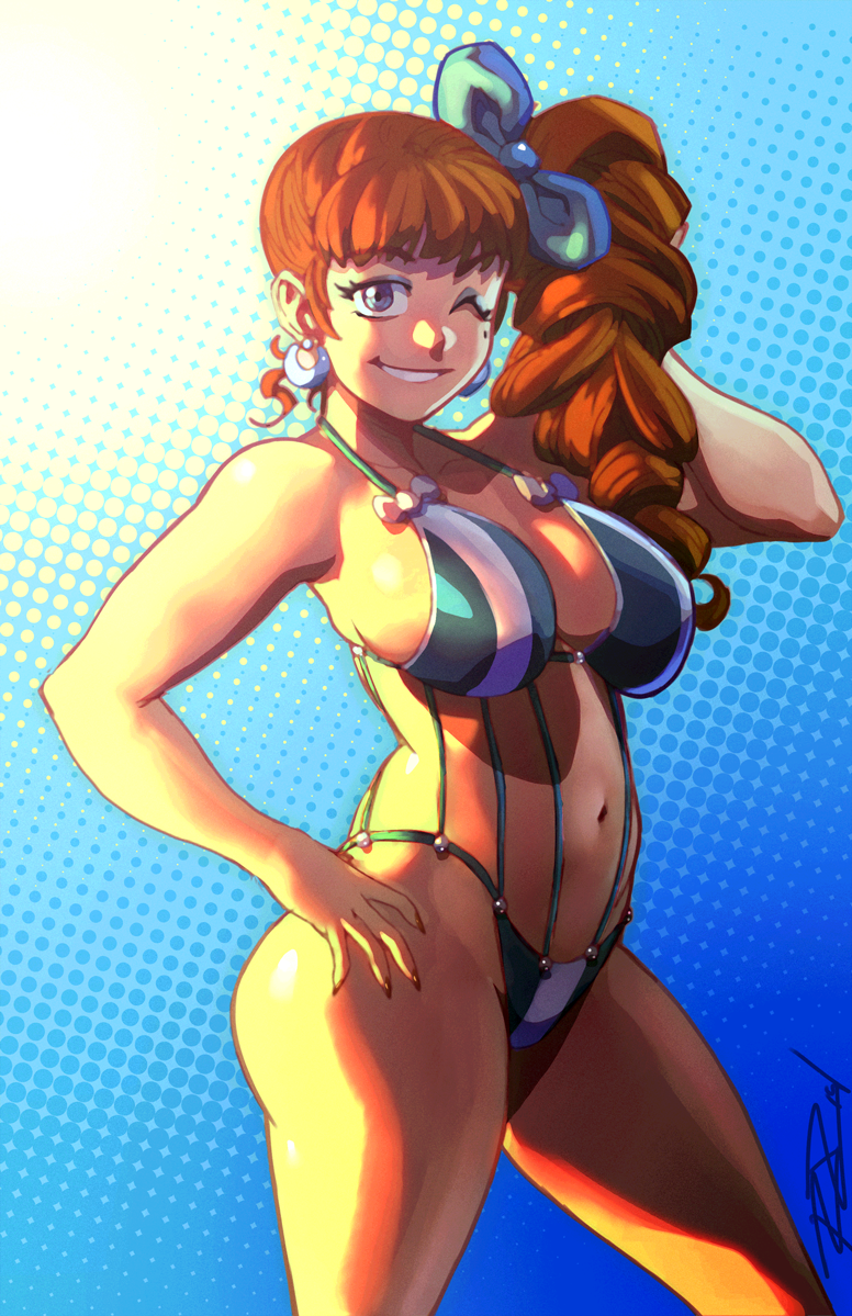 1girl alternate_hairstyle belly bikini bliss_barson blue_eyes blue_lipstick bow breasts brown_hair cryamore curly_hair curvy earrings eyeshadow female hair_bow hand_on_hip jewelry large_breasts lipstick long_hair makeup mole navel red_hair robert_porter side_ponytail sideboob solo swimsuit wink