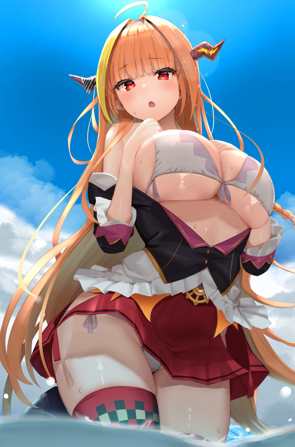 1girl 1girl :o ahoge bare_shoulders bikini black_shirt blue_sky blush breasts cleavage clothing cloud day dragon_horns fang frills front-tie_bikini front-tie_top groin hairband hands_on_own_chest high_resolution hololive horns huge_breasts kiryuu_coco long_hair looking_at_viewer miniskirt off_shoulder open_clothes open_mouth orange_hair outside panties partially_submerged red_eyes red_legwear red_skirt reinama shirt side-tie_peek skirt sky stockings sunlight swimsuit thighs unbuttoned underwear very_long_hair virtual_youtuber wading water wet white_bikini white_panties white_swimsuit white_underwear