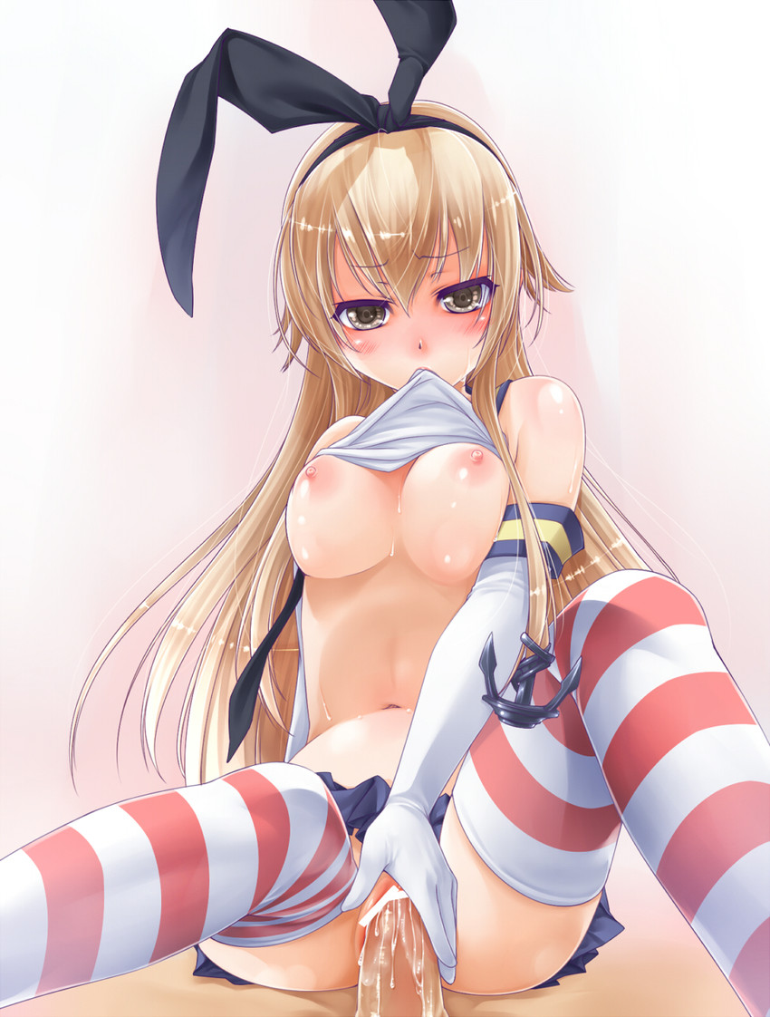 1boy 1girl 45_(diagonal45angle) alternate_breast_size anchor bar_censor big_breasts black_eyes blonde_hair blush breasts censored cum cum_in_pussy elbow_gloves girl_on_top gloves hair_ribbon hairband high_res kantai_collection long_hair looking_at_viewer miniskirt mouth_hold navel nipples no_bra no_panties penis pleated_skirt pov pussy ribbon sex shimakaze_(kantai_collection) shirt_lift skirt skirt_lift solo_focus stockings striped striped_legwear vaginal