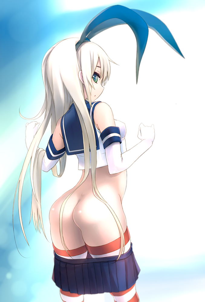 1girl ass bare_shoulders blonde_hair elbow_gloves gloves kantai_collection long_hair looking_back no_panties shimakaze_(kantai_collection) skirt skirt_pull solo sora_to_umi striped striped_legwear thighhighs