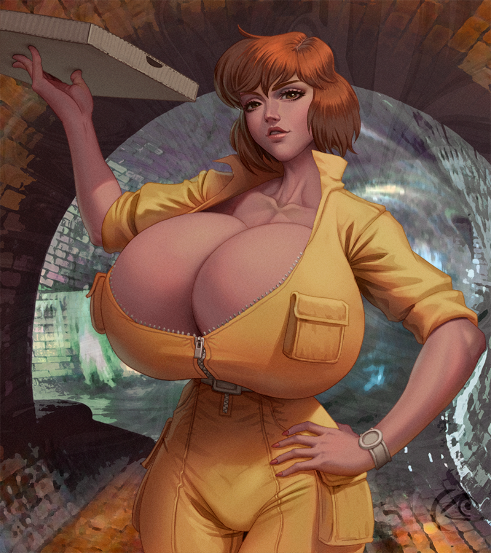 1girl alternate_breast_size april_o'neil april_o'neil_(tmnt_1987) bangs belt big_breasts breasts brown_eyes brown_hair cleavage clothing collarbone eyelashes female_focus female_only grin half-closed_eyes hand_on_hip hips holding holding_object huge_breasts human imminent_pizza jumpsuit lips looking_at_viewer makeup mangrowing nail_polish orange_nails parted_lips pinup pizza_box seductive sewer sexy sexy_breasts short_hair short_sleeves smile solo_female teenage_mutant_ninja_turtles teeth thigh_gap thighs tmnt_1987 watch watermark wristwatch zipper