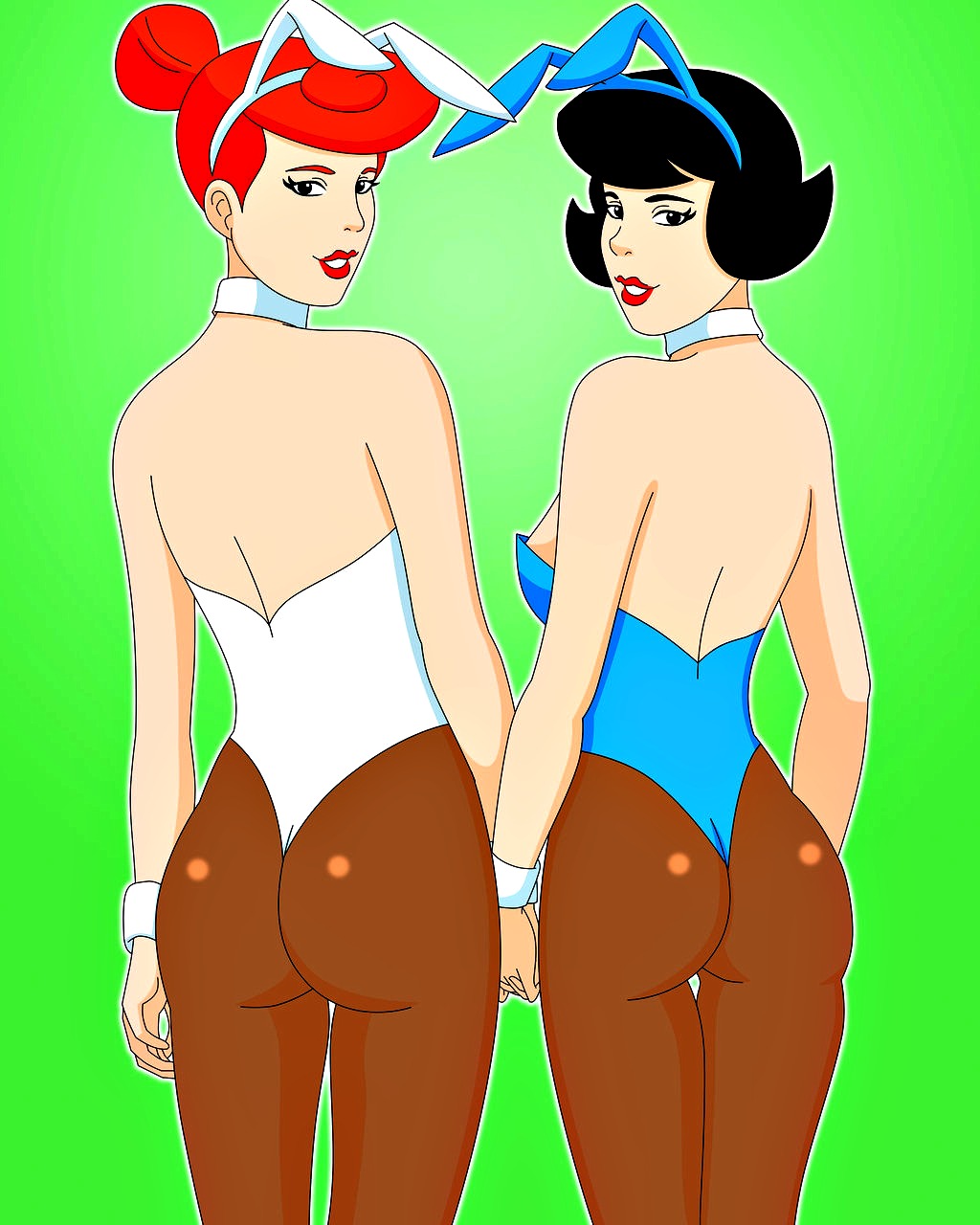 2_girls animal_ears arm arms ass back bare_back bare_shoulders betty_rubble black_eyes black_hair breasts bunny_ears bunny_girl bunnysuit detached_collar eyelashes fake_animal_ears female female_only friends green_background grin hair hair_bun hand_holding interlocked_fingers legs leotard lips lipstick looking_at_viewer looking_back makeup multiple_girls pantyhose parted_lips pervyangel red_hair red_lipstick short_hair sideboob simple_background smile standing strapless teeth the_flintstones wilma_flintstone wrist_cuffs yuri