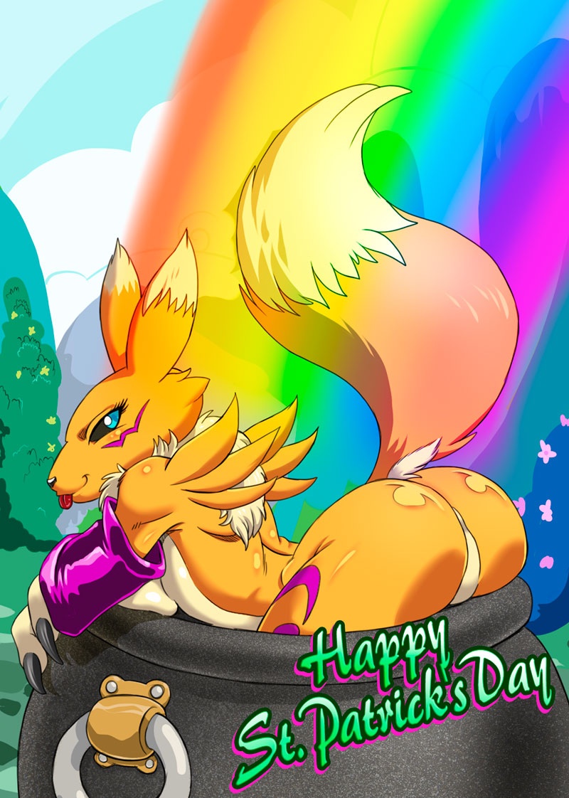 ass black_sclera blue_eyes canine cauldron digimon featureless_crotch female forest fox fur holidays kandlin looking_back mammal namco outdoors presenting rainbow rainbow_pattern renamon solo st._patrick's_day tail text tongue tongue_out tree yellow_fur