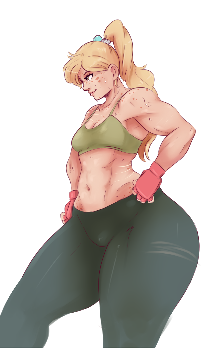 alternate_hairstyle applejack belly friendship_is_magic gloves humanized midriff muscle my_little_pony navel ponytail scars solo solo_female sundown sweat tanktop
