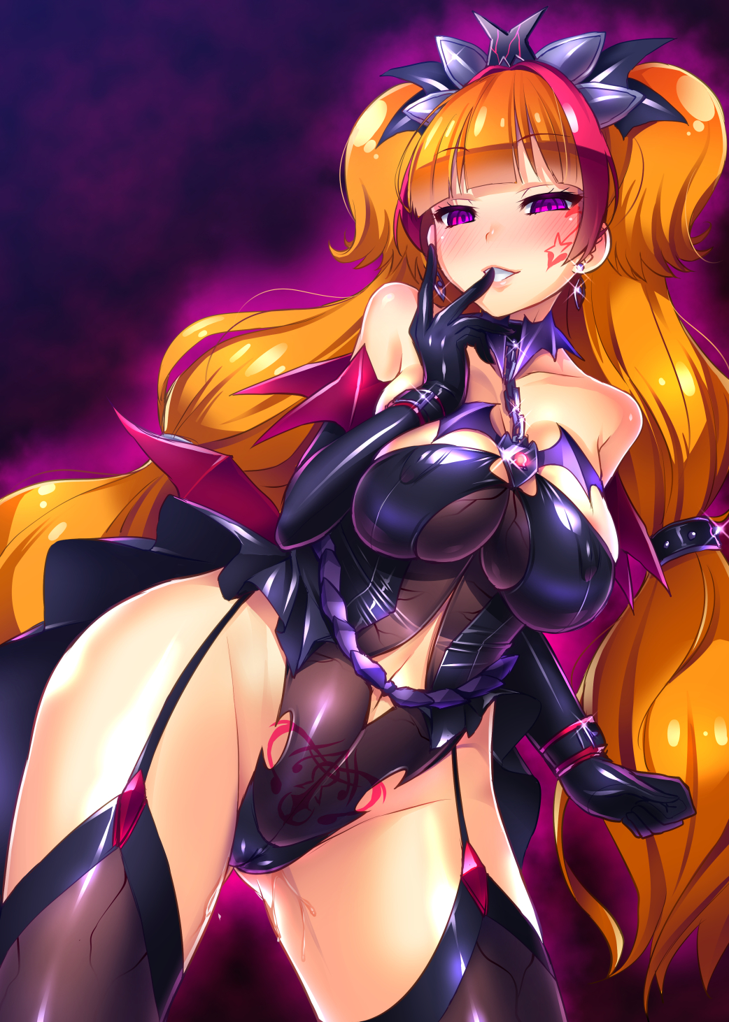 1girl amanogawa_kirara areola_slip areolae aura bangs black_gloves black_legwear blunt_bangs blush bodysuit breasts cameltoe chains contrapposto corruption cowboy_shot cuffs cure_twinkle dark_persona detached_collar dutch_angle earrings elbow_gloves erect_nipples facial_tattoo finger_to_mouth garter_straps glint gloves glowing go!_princess_precure grin hair_ornament half-closed_eyes heart highleg highleg_leotard highres hips impossible_clothes impossible_leotard jewelry large_breasts leotard long_hair looking_at_viewer low-tied_long_hair magical_girl microskirt multicolored_hair naughty_face navel navel_cutout orange_hair pink_eyes pink_hair pleated_skirt precure pussy_juice quad_tails sagging_breasts satou_kuuki see-through shiny shiny_clothes showgirl_skirt skirt smile solo standing strapless strapless_leotard tattoo thighhighs two-tone_hair very_long_hair wet