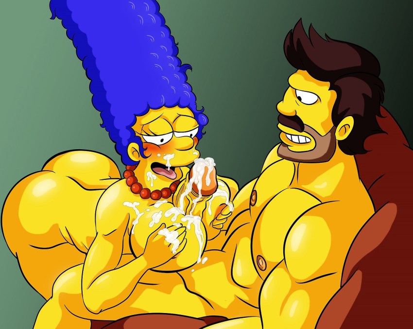 ass big_breasts blue_hair blush breasts cum cum_on_breasts cum_on_face cumshot hair marge_simpson milf necklace paizuri pearls smile the_simpsons tongue yellow_skin