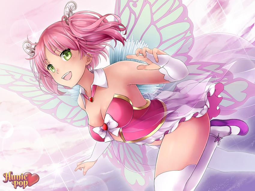 1_girl art bare_shoulders blush breasts bridal_gauntlets cleavage detached_collar fairy fairy_wings female green_eyes hair_ornament hairclip high_res hunie_pop kyu_sugardust looking_at_viewer ninamo official_art pink_hair short_twintails showgirl_skirt smile solo stockings strapless twin_tails watermark white_legwear wings