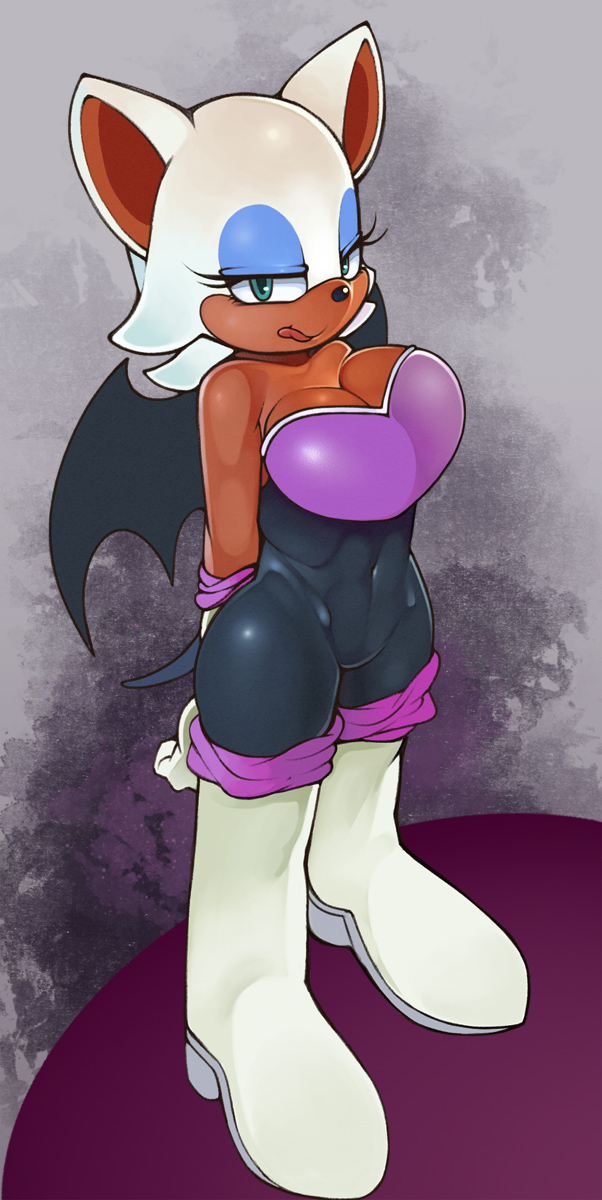 1girl anthro bat big_breasts bodysuit breasts clothed clothing female female_only hair large_breasts licking_lips looking_at_viewer mammal naughty_face rouge_the_bat seductive sega sindoll skinsuit solo sonic_(series)