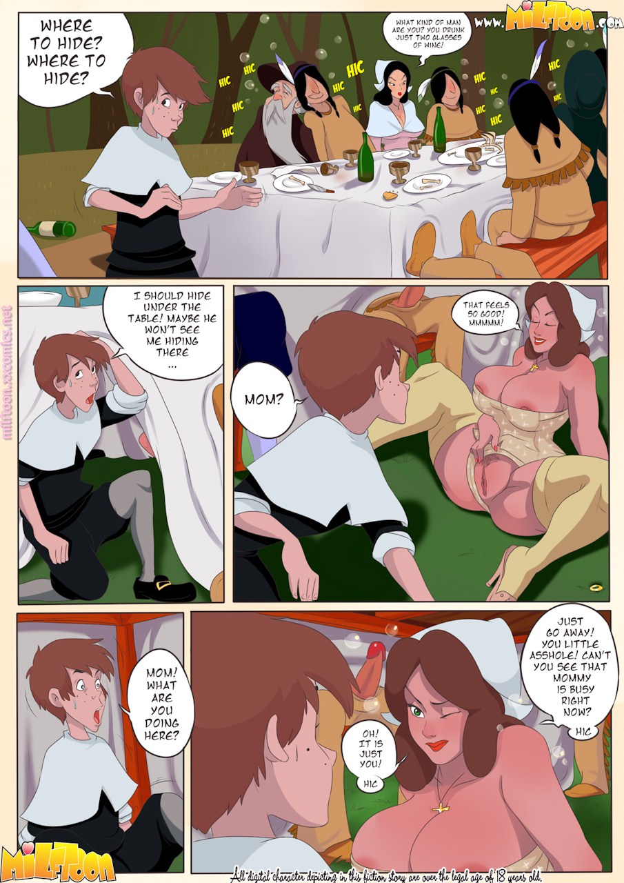 blushing brown_hair cheating cheating_wife cleavage comic dialogue drunk drunk_sex english_text fellatio female_masturbation full_color horny huge_breasts incest indian infidelity inusen masturbation milftoon mother_and_son nipples nipples_visible_through_clothing pilgrim pilgrim_hat thankstaking_(milftoon_comic)