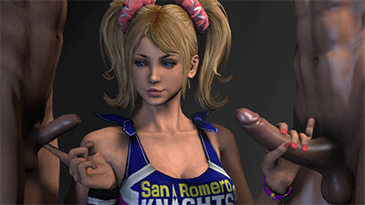1girl 2boys big_breasts blonde blonde_hair breasts cheerleader cleavage clothed gif hair handjob juliet_starling lips lollipop_chainsaw multiple_boys smile twintails