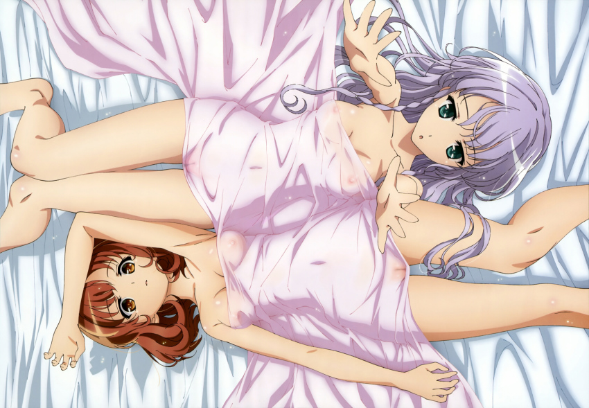 2girls absurd_res arm arm_up armpits arms arms_up art babe barefoot bed bed_sheet breasts brown_eyes brown_hair covered_navel female foreshortening from_above furukawa_yui green_eyes hair highres lavender_hair legs long_hair lying multiple_girls naked_sheet nipples nude nude_filter on_back outstretched_arms photoshop pussy sasaki_kaori see-through short_hair small_breasts thighs uncensored ushinawareta_mirai_wo_motomete yuri