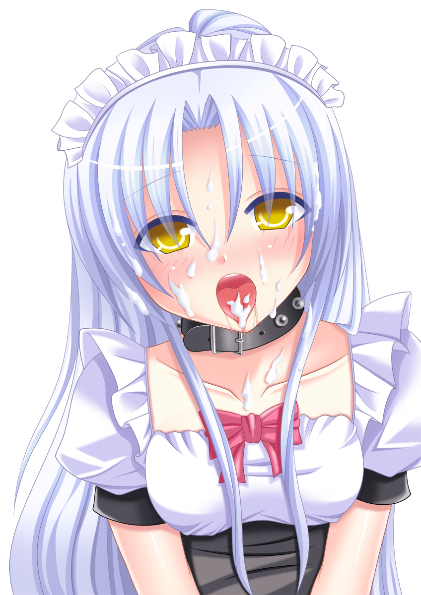 alternate_costume angel_beats! blush collar cum cum_in_mouth empty_eyes enmaided facial highres maid tenshi_(angel_beats!) tongue yellow_eyes