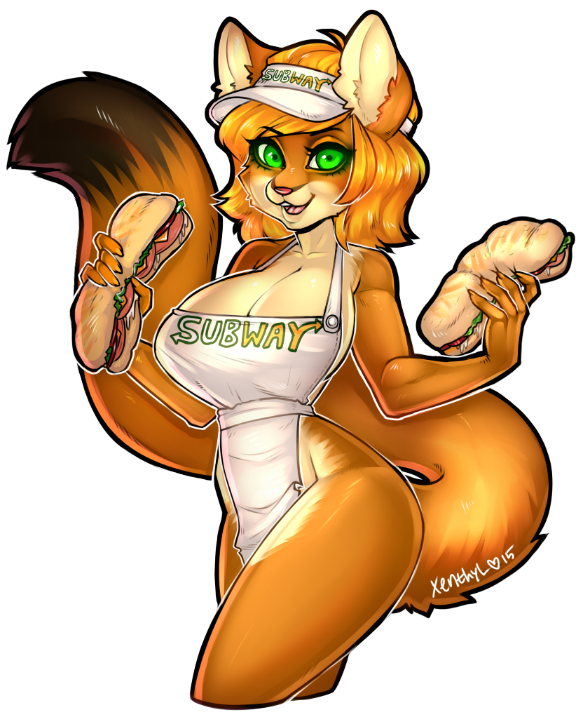 2015 alpha_channel anthro apron big_breasts breasts brown_fur clothed clothing cougar feline food fur furry glowing glowing_eyes green_eyes hat headgear heart looking_at_viewer mammal open_mouth plain_background sandwich_(food) signature subway teeth tongue transparent_background white_fur xenthyl_(artist)