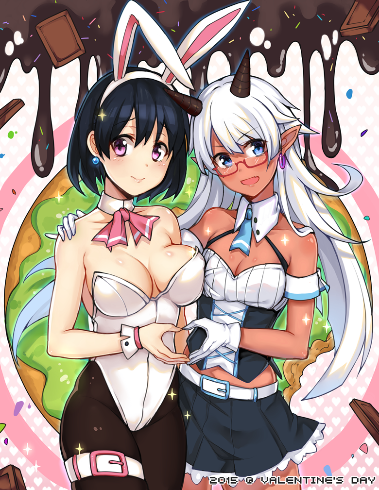 2015 2_girls animal_ears arm arms art big_breasts black_box black_box_(artist) black_hair breasts breasts_apart bunny_ears bunnysuit chocolate choker cleavage dark_skin earrings fake_animal_ears fang female female_only glasses gloves hairband heart heart_hands heart_hands_duo horns jewelry leotard long_hair multiple_girls original pantyhose pink_eyes pointy_ears short_hair skirt small_breasts smile thigh_strap valentine white_hair wrist_cuffs yuri