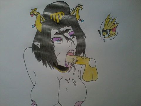 1boy 1girl big_breasts big_penis big_testicles blue_eyes breasts brunette cum cum_on_breasts cum_on_mouth digimon draw drawing erect_nipples female grademon horns licking lilithmon male oral_sex penis sucking sunglasses testicles yellow_body