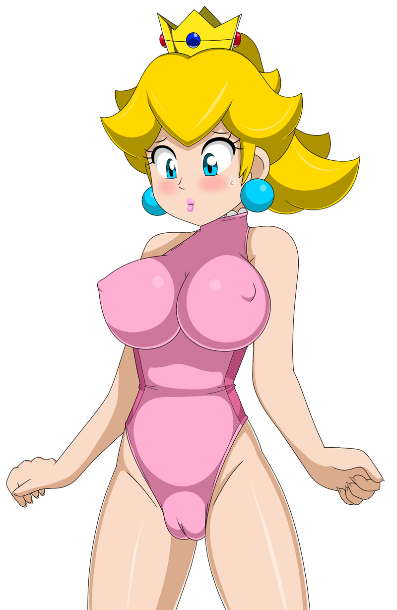 1girl 2d blonde_hair blue_eyes blush cameltoe caucasian cleavage crown earrings embarrassed erect_nipples female_only impossible_clothes impossible_leotard lastlevel leotard pink_leotard pink_lipstick ponytail princess_peach standing super_mario_bros. transparent_background