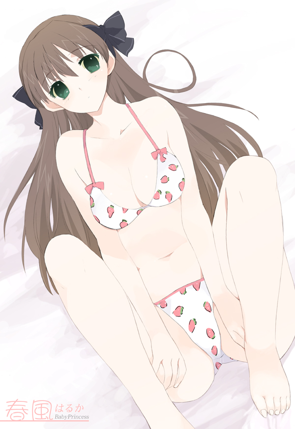 1girl amatsuka_haruka baby_princess barefoot bikini bow breasts brown_hair cleavage feet food food_themed_clothes fruit green_eyes hair_bow haruka_(baby_princess) kusaka kusaka_souji long_hair lying on_back ribbon solo strawberry swimsuit