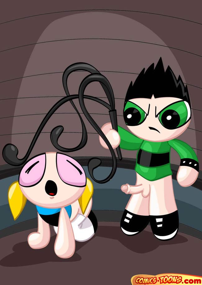 blonde_hair blue_eyes bubbles_(ppg) butch_(ppg) cat_o'_nine_tails comics-toons erect_penis no_underwear on_all_fours penis powerpuff_girls rowdyruff_boys twintails whipping