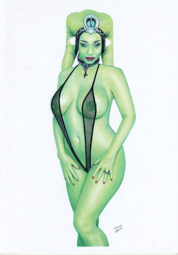 1girl alien big_breasts breasts female female_alien female_only fishnet_clothes green_skin looking_at_viewer mostly_nude oola return_of_the_jedi solo sophie_dee star_wars tim_grayson twi'lek white_background