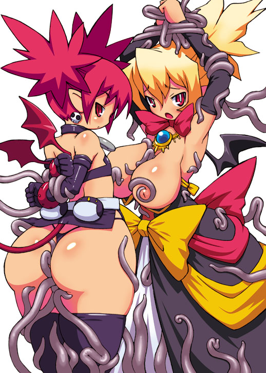 2girls ass bat_wings bdsm blonde_hair bondage bound breasts choker demon_girl detached_sleeves disgaea dress earrings elbow_gloves etna flat_chest gloves hips huge_ass huge_breasts jewelry latex latex_gloves looking_back makai_senki_disgaea_2 multiple_girls necklace nipples panties pointy_ears red_eyes red_hair rozalin sakuemon simple_background tentacle thighhighs thong tied tied_up twintails underwear white_background wide_hips wings