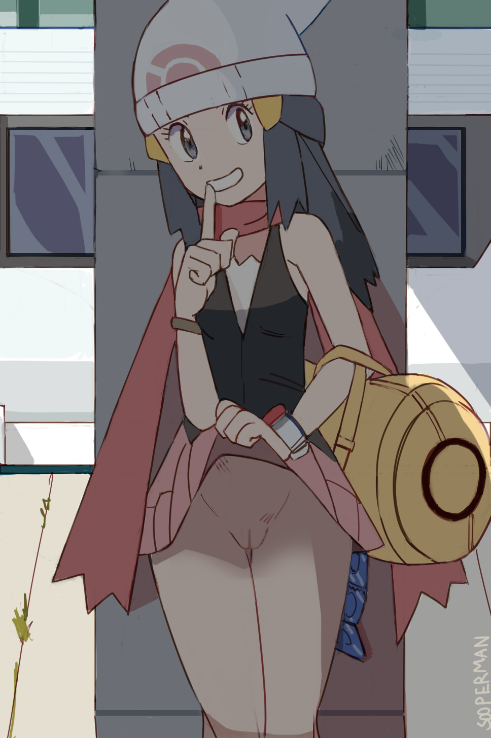 1girl bare_shoulders blue_eyes blue_hair clothed dawn dawn_(pokemon) female female_human female_only flashing hairless_pussy hat hikari_(pokemon) human long_blue_hair long_hair looking_at_viewer no_panties outdoor outside pokemon pussy shaved_pussy skirt skirt_lift skirt_lifted_by_self sleeveless solo solo_female sooperman standing