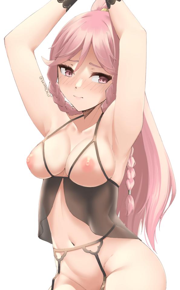 1girl 1girl 1girl armpits arms_up babydoll blush braid breasts closed_mouth cupless_babydoll embarrassed english fire_emblem fire_emblem:_awakening fire_emblem:_kakusei fire_emblem_heroes garter_belt lingerie long_hair looking_away medium_breasts navel nintendo nipples olivia_(fire_emblem) one_side_up out-of-frame_censoring pink_eyes pink_hair simple_background skeptycally tied_hair twin_braids underwear underwear_only white_background