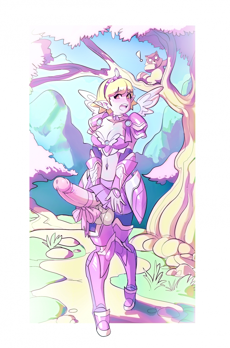 1girl armor ashamed blonde_hair blush bow drow drowtales drowtales:_space_age embarrassed erection full-package_futanari futanari giant_cock hair huge_penis intersex maniacpaint nature outdoors outside penis pink princess_claire ribbon solo testicles tiara tree