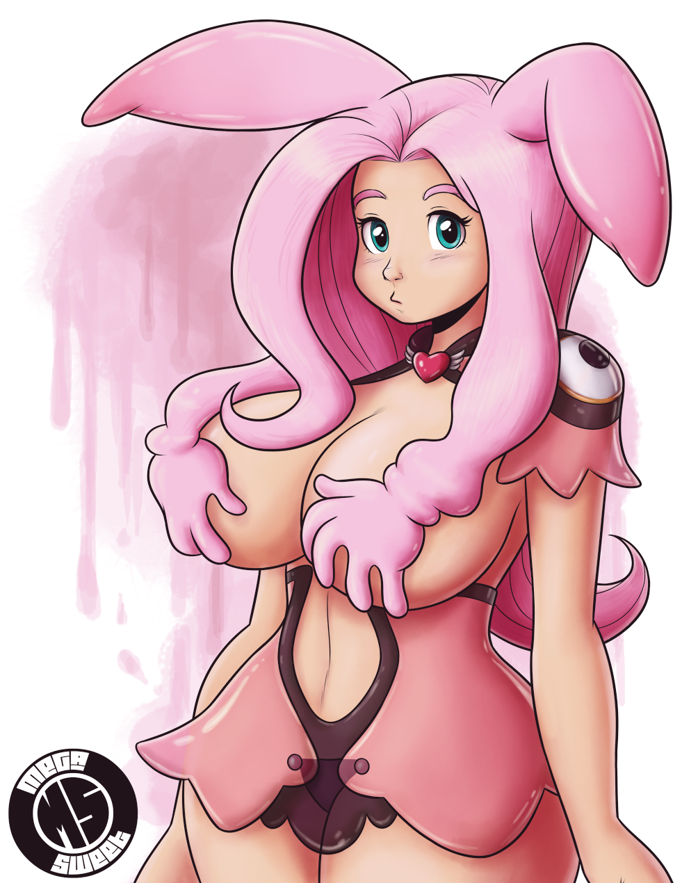 1girl big_breasts breasts bunny_ears bunny_girl cleavage colored cosplay crossover cute fluttershy friendship_is_magic humanized king-kakapo megasweet melona melona_(cosplay) melona_(queen's_blade) my_little_pony queen's_blade