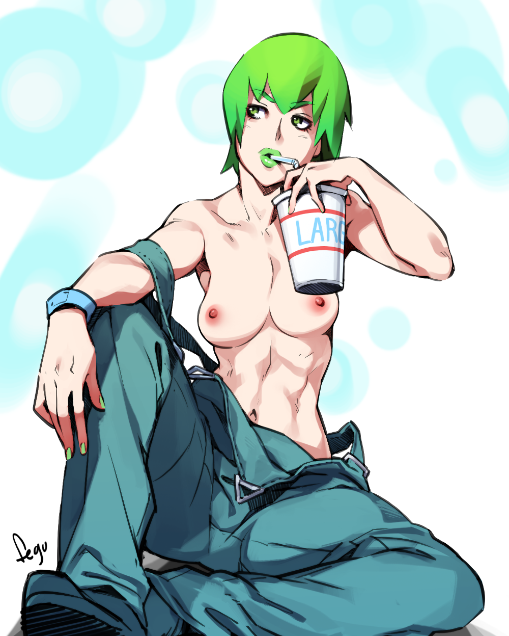 1girl 1girl abs breasts cup erect_nipples feguimel fingernails foo_fighters green_eyes green_hair high_resolution holding_cup jojo's_bizarre_adventure lips long_hair naked_overalls nipples overalls paid_reward part_6:_stone_ocean patreon_reward scarf short_hair simple_background sipping soda_cup watermark