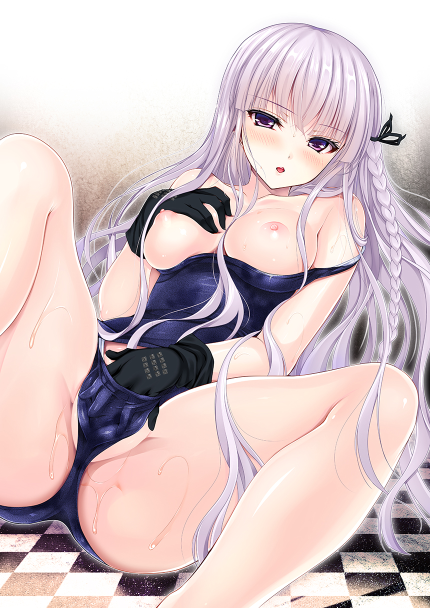 1girl areolae bangs bare_legs bare_shoulders black_gloves blush braid breast_grab breast_hold breasts breasts_outside checkered checkered_floor collarbone covering covering_crotch crotch danganronpa danganronpa_1 floor gloves grabbing hair_between_eyes hair_ribbon hands highres kirigiri_kyouko legs legs_bent long_hair long_image looking_at_viewer lying masturbation ninoko nipples off_shoulder on_back one-piece_swimsuit open_mouth perspective purple_eyes purple_hair pussy ribbon school_swimsuit school_swimsuit_flap shiny shiny_hair shiny_skin side_braid single_braid solo spread_legs spread_pussy spread_pussy_under_clothes strap_slip swimsuit swimsuit_pull tall_image thighs tongue very_long_hair wet white_hair