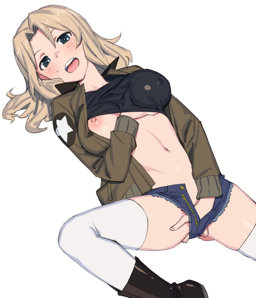 1girl 1girl black_tank_top blonde_hair blush bomber_jacket boots breasts clothed_masturbation clothes_lift covered_nipples denim denim_shorts female_masturbation fingering girls_und_panzer grabbing grabbing_own_breast hand_under_clothes hand_under_shirt jacket kay_(girls_und_panzer) long_hair looking_at_viewer lying masturbation midriff navel nipples no_bra on_back one_breast_out onsen_tamago_(hs_egg) open_fly shirt shirt_lift shorts smile stockings tank_top white_thighhighs
